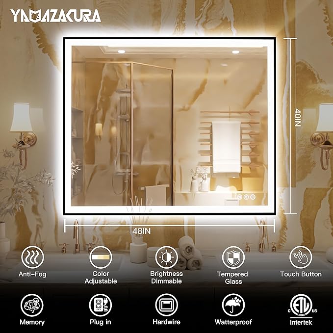 LED Bathroom Mirror 48x40 with Backlit and Front Lighted, Framed Dimmable Illuminated Mirror for Wall Anti-Fog Shatterproof (Horizontal/Vertical)…