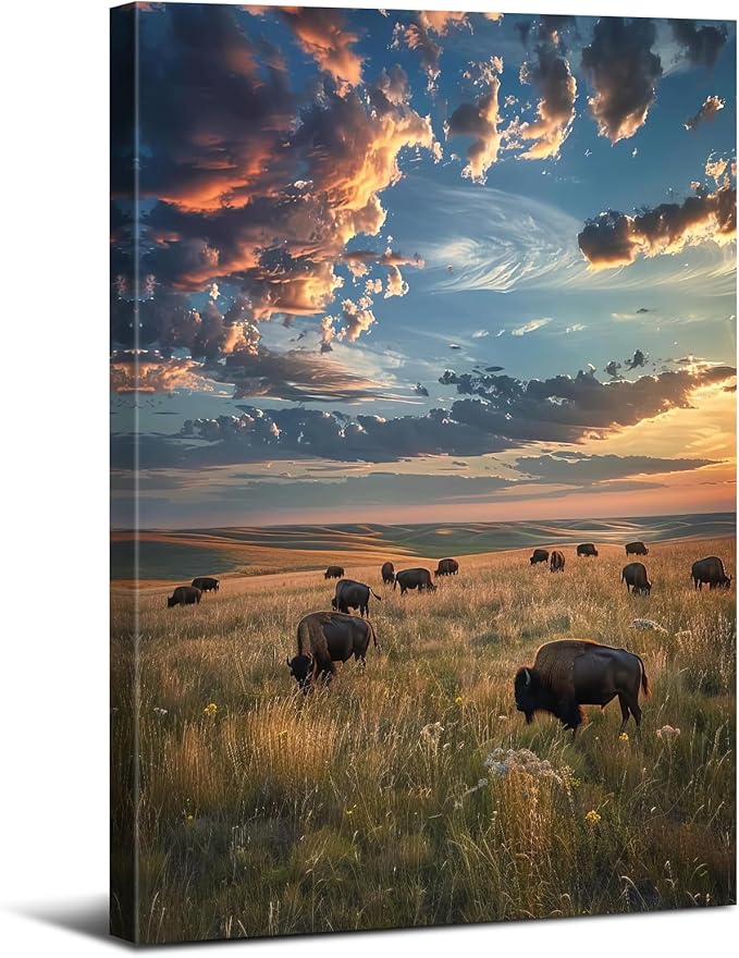 Large Landscape Wall Art Cow Pictures Wall Decor Tallgrass Prairie Scenic Canvas Prints for Living Room Decor Sunset Nature Scenery Poster Bisons Painting Artwork for Office Home Decorations 24x36"