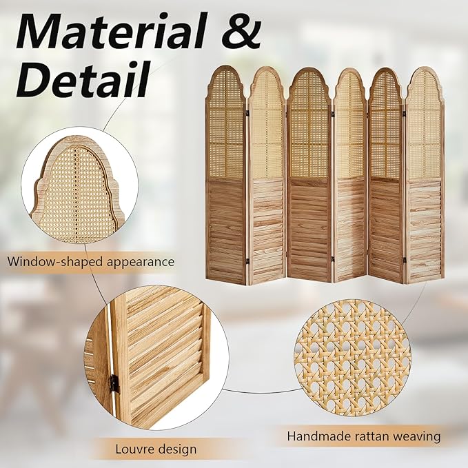 6 Panel Rattan Room Divider Panel, 5.6Ft Partitionsand Dividers, Louvered Partition Divider, Room Dividers Screen, Solid Wood Frame, Folding Screen, Bedroom, Family Room, Light Brown
