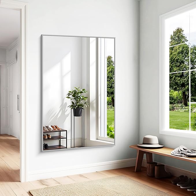 KOCUUY Silver Bathroom Mirror, 60"x40" Large Rectangle Bathroom Mirror for Wall, HD Tempered Glass, Anti-Rust Brushed Silver Frame, Modern Design for Bathroom, Bedroom, Hang Horizontal/Vertical