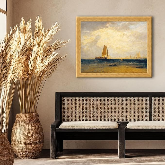 Brivoria Framed Canvas Wall Art Vintage Decor, Romantic Seascape with Sailing Ship Golden Light Ocean View and Coastal Sky for Living Room Statement Wall or Nautical Gallery Display, 16"x20"