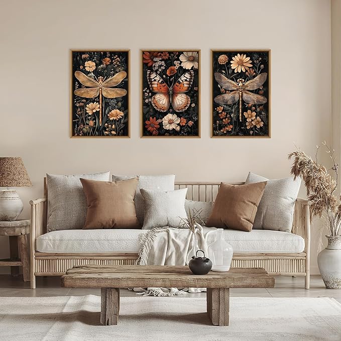 Large Vintage Butterfly and Dragonfly Wall Decor Framed Canvas Wall Art,Retro Blossom Leaf Wall Decor,Dark Insect Plant Artwork,Moody Animal Floral Art Print for Living Room,Bedroom- 16"x24"x3