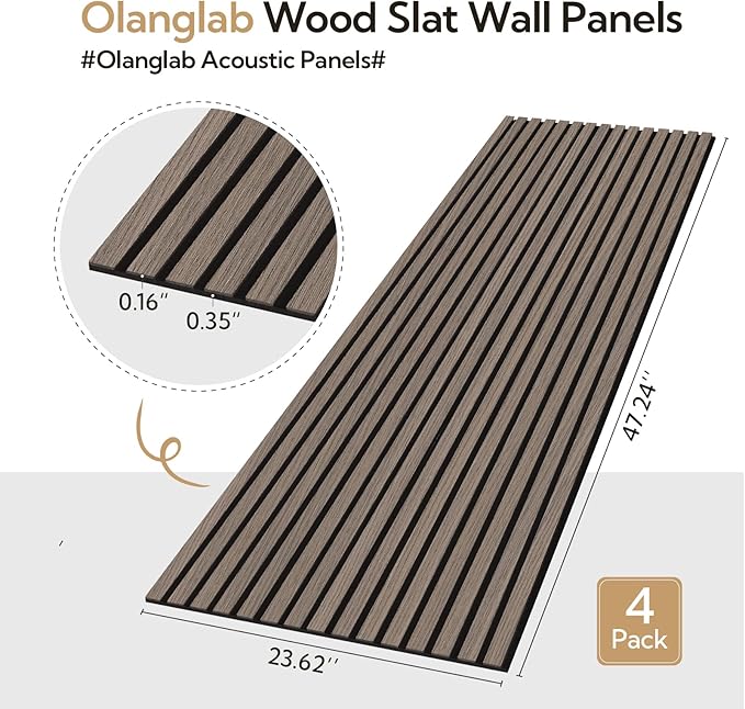 Olanglab Acoustic Wood Wall Panels 4 Pack, Sound Dampening Wood Slat Wall Panels 23.6" x 47.2", Dark Walnut