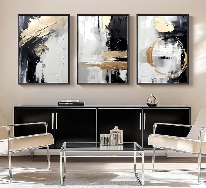 3pcs Black White Gold Canvas Wall Art Abstract Geometric Textured Posters Prints Pictures Paintings with Faux Stucco Finish Modern Beige Minimalist Wall Decor for Living Room Bedroom Bathroom Unframed