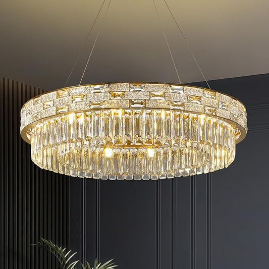 Crystal Chandelier, 31" 12-Light Large Chandelier for Living Room, Round Gold Chandeliers for Bedroom, High Ceiling Chandeliers, Foyer Lighting Fixtures Hanging Lights Dimmable