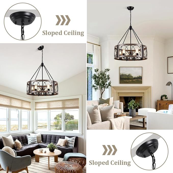 21.6'' Farmhouse Chandelier for Dining Room 6-Light Rustic Chandeliers Metal Black and Wood Grain Finish Drum Light Fixture for Bedroom Living Room Entryway Foyer Kitchen Island Lighting, E26