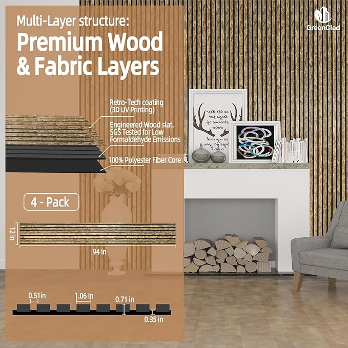 Acoustic Wood Slat Wall Panels - Weathered Walnut Soundproof Paneling for Interior Wall Decor, Modern Design, 94" x 12", 4-Pack