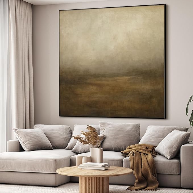60"x60" XL Framed Wall Art - Soft Morning Field Warm Neutral Abstract Landscape (Frame Assembly Required)
