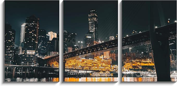 NAN Wind 3PCS Chongqing City Nightscape Canvas Wall Art Illuminated Chinese Skyline with Bridge Skyscrapers Modern Urban Landscape Photography Print for Living Room Office Bedroom Decor