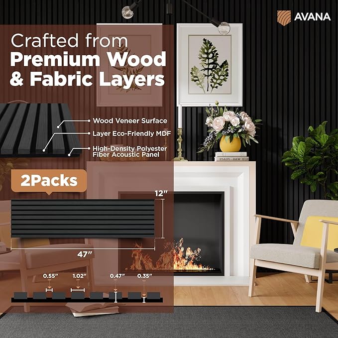 Avana Acoustic Wood Wall Panels – 47.2 X 12.6 Inch Black Oak Acoustic Panels 2 PCs – Modern Wall Panels For Interior Wall Decor For Homes, Offices, Studios – Sturdy And Durable Wood Panels For Wall