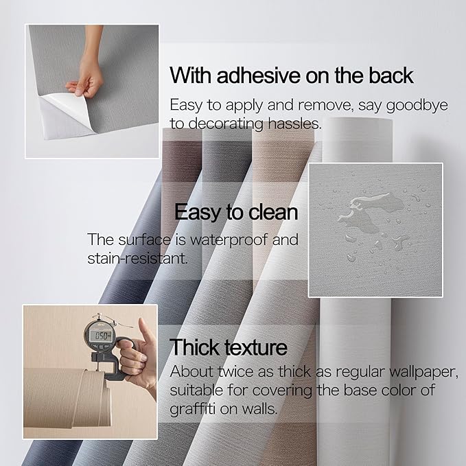 24"x393" Grey Grasscloth Peel and Stick Fabric Textured Contact Paper Removable Linen Wallpaper Vintage Matte Frosted Waterproof Sticky Wallpaper for Bedroom Bathroom Kitchen (Gray)