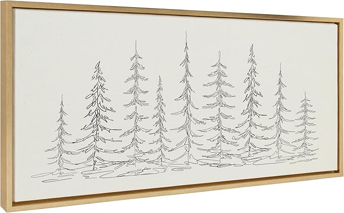 Kate and Laurel Sylvie Minimalist Evergreen Trees Sketch BW Framed Canvas Wall Art by The Creative Bunch Studio, 18x40 Bright Gold, Minimal Christmas Tree Art for Wall