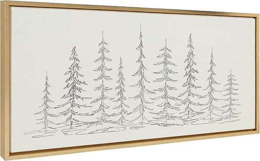 Kate and Laurel Sylvie Minimalist Evergreen Trees Sketch BW Framed Canvas Wall Art by The Creative Bunch Studio, 18x40 Bright Gold, Minimal Christmas Tree Art for Wall