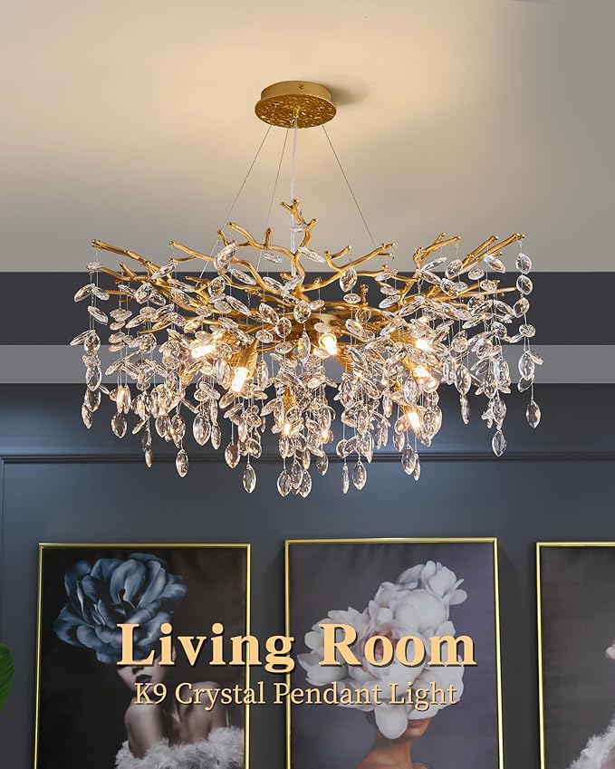 Modern Tree Branch Crystal Chandelier Luxury Gold Crystal Pendant Lighting 30" Contemporary 10-Light Chandeliers for Dining Room Kitchen Bedroom Living Room