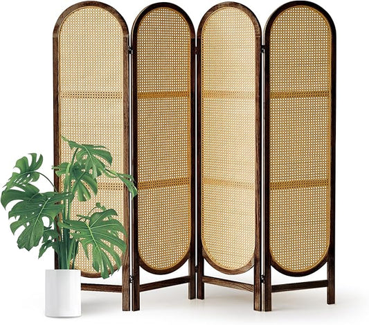 5.6 Ft Room Divider 4 Panel, Folding Privacy Screen, Rattan Room Divider, Foldable Wood Divider Panel, Portable Partition Screen, Wall Divider for Room Separation Home Office Garden-Brown