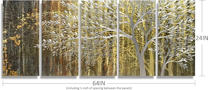 BATRENDY ARTS Gold Metal Wall Art Yellow and Brown Tree Sculpture Landscape Aluminium Panel Artwork Hangings for Living Room Decorations