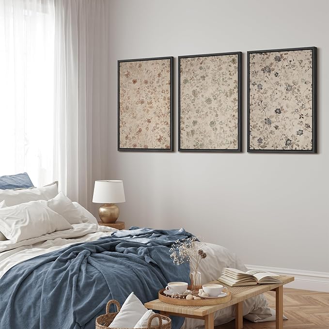MUDECOR Framed Wall Art Print Set Vintage Floral Botanical in Neutral Tones Illustrations Realism Decorative for Living Room, Bedroom, Office - 16"x24"x3 Black