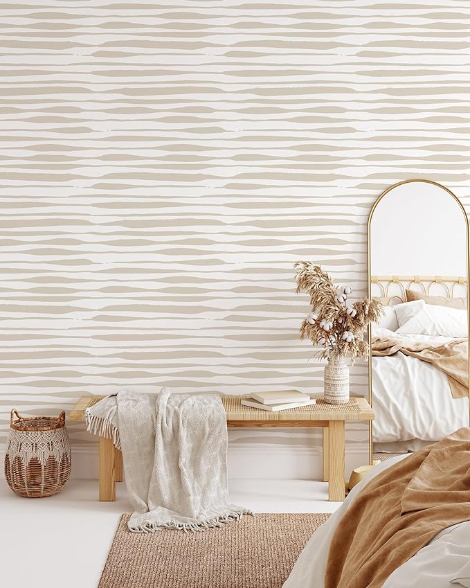 Beige Stripes Shibori Wallpaper | Removable Self Adhesive Hand Drawn Wallpaper | Customizable Geometrical Lines Peel and Stick Wall Decor (1 roll 24" W x 132" H)