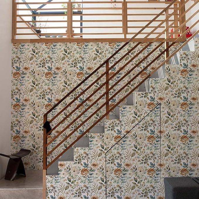 Beige Floral Wallpaper Self Adhesive Peel and Stick Cream Blooming Watercolor Vivid Botanical Leaf Contact Paper Removable Waterproof for Bedroom Renter Friendly 17.71"x236.2"