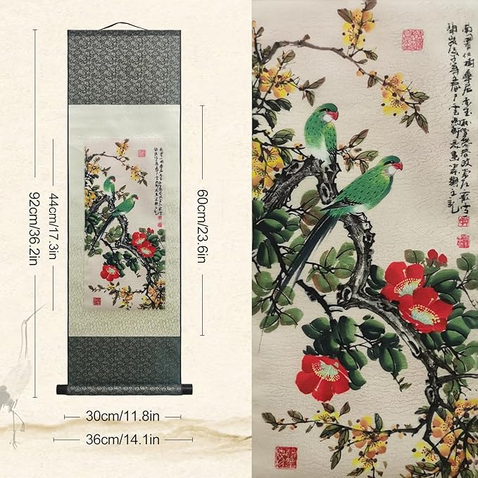 AtfArt Asian Wall Decor Beautiful Silk Scroll Painting 4 Color Flower bird - Starling Thrush Magpie Parrot Oriental Decor Chinese Art Wall Scroll Hanging Painting Scroll 36.2 x 12in (Green Parrot)