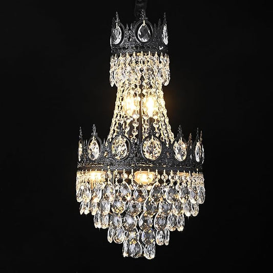 KoKo&Yukina Chandelier, 12'' Black French Empire Light Fixture, 6-Light K9 Crystal, Adjustable Hanging, for Hallway Entryway Kitchen Foyer
