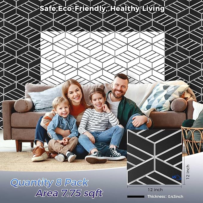 8 Pack 2-Layer Soundproof Wall Panels, 12 x 12 x 0.43 in Sound Proof Foam Panels for Walls, 1.1lb/ft³ High Density, Thicker 0.43 in, 3D Acoustic Panels,Artistic Noise Dampening Panels Black&White