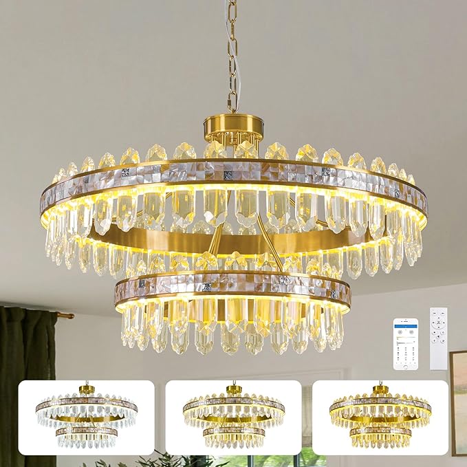 2-Tier Round LED Crystal Chandelier for Living Room - Large 3 Colors Stepless Dimmable Gold Chandeliers,Modern Adjustable Height high ceiling Light Fixture for Dining Room Entryway With Remote Control