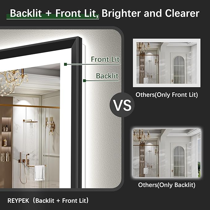 48x32 Black Framed Led Bathroom Mirror with Lights, Front Lit and Backlit, Lighted Vanity Mirror for Bathroom Wall, Anti-Fog, Dimmable, 3 Colors, Memory, HD Tempered Glass