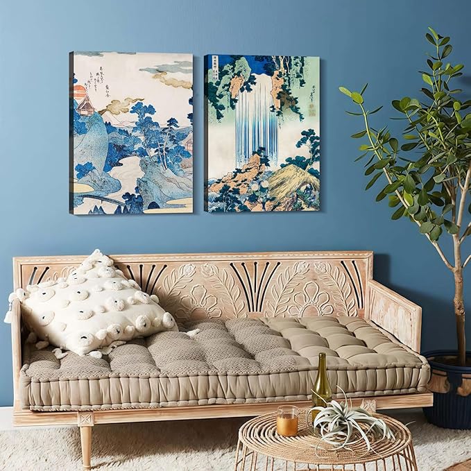 2Pcs Framed Landscape waterfall Japanese Ukiyo-e Wall Art Decor Canvas Print Picture Traditional Woodblock Print Style Poster Gallery Bedroom Living Room Office 12x16 Inch Ready to Hang
