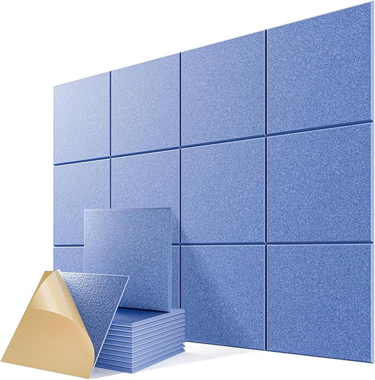 12 Pack Self-Adhesive Acoustic Panels, 12" X 12" X 0.4" High-Density Sound Proof Foam Panels for Walls, Soundproof Wall Panels for Home & Office (Light Blue)