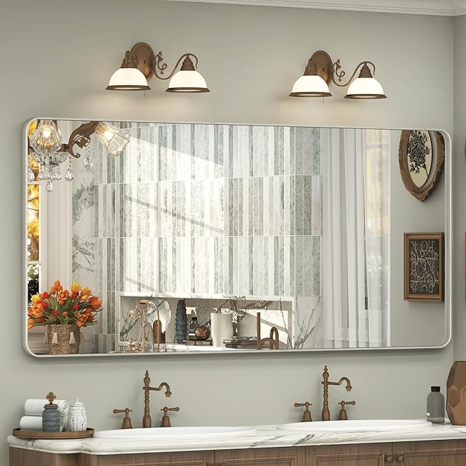 60x28 Inch Brushed Nickel Bathroom Mirror, Large Brushed Silver Metal Framed Wall Mirror, Rounded Corner Rectangle Modern Vanity Mirror, Tempered Glass, Anti-Rust, Shatterproof (Horizontal/Vertical)