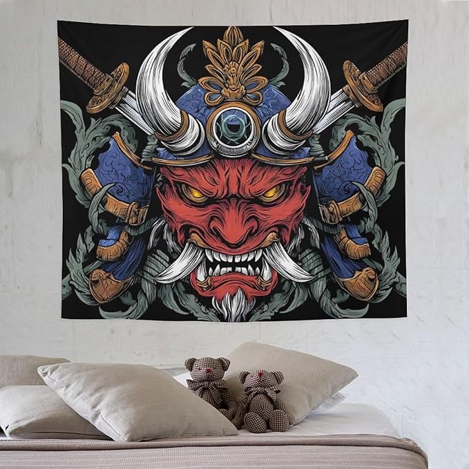 UUKXKUU Oriental Retro Mask Symmetry Samurai Tapestry Flag Backdrop Wall Hanging Large Wall Art Decor for Dorm Office Bedroom Living Room 50"×60"