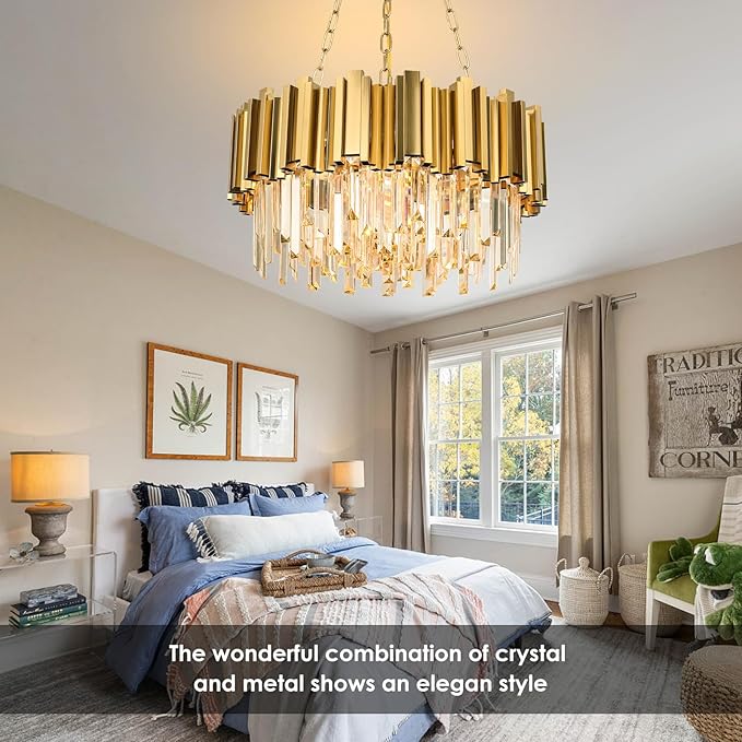 Modern Chandeliers Crystal with Light Gold Crystal Chandelier Hanging Ceiling Light Fixture 9 Lights Chandelier Modern Crystal Round Pendant Light Fixture Dining Room Living Room Bedroom W22in