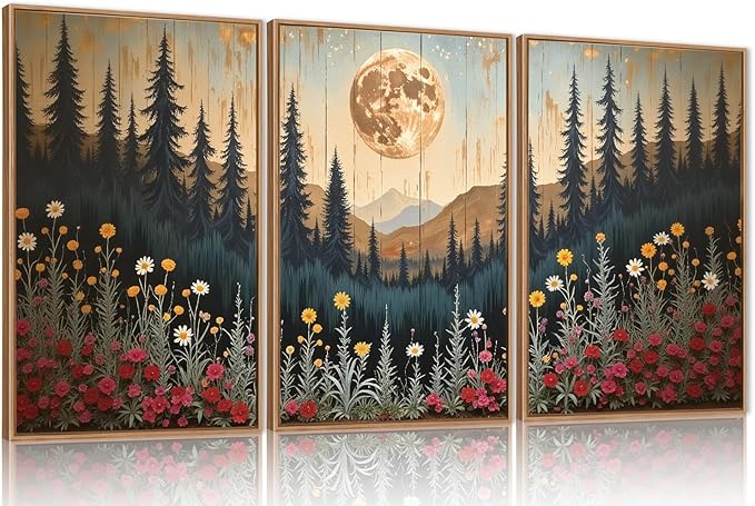 Ausril Vintage Moon Forest Wall Art Set of 3-16x24 Inch Framed Canvas Prints, Wildflower Mountain Landscape Painting, Nature Pine Tree Floral Decor for Living Room, Bedroom, Office, Boho Home Decor