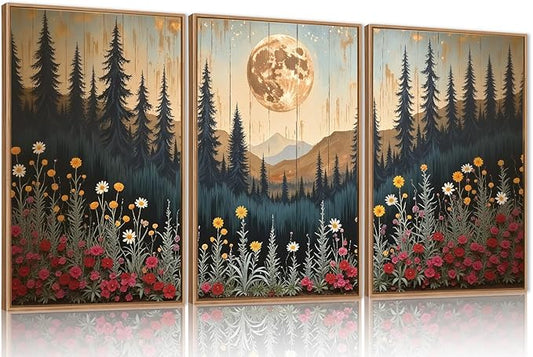 Ausril Vintage Moon Forest Wall Art Set of 3-16x24 Inch Framed Canvas Prints, Wildflower Mountain Landscape Painting, Nature Pine Tree Floral Decor for Living Room, Bedroom, Office, Boho Home Decor