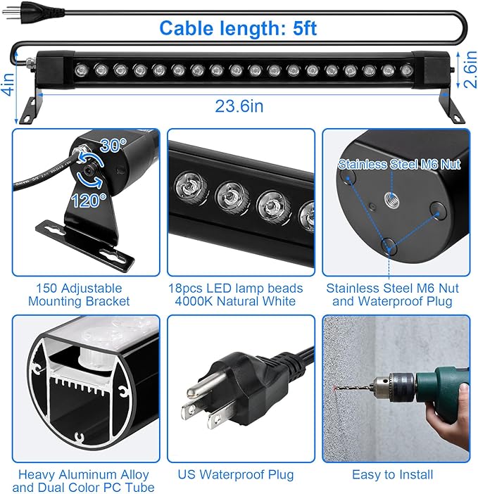 Outdoor Wall Washer Lights 2 Pack,36W 5000K Daylight White Wall Light,120V IP67 Waterproof 2ft Led Linear Wall Light Bar for Outdoor Indoor Building Sign, Hurches,Garden,Courtyards Lighting