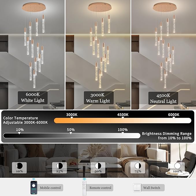 12-Lights High Ceiling Crystal Chandelier, Modern Large LED Raindrop Pendant Light Fixture 99" H Flush Mount Chandelier Gold for Foyer Staircase Villa Living Room