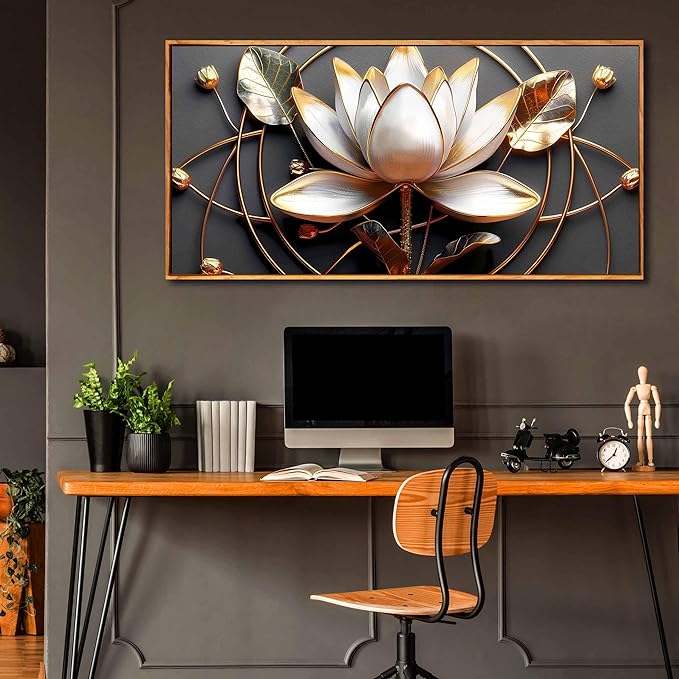 Lotus Flower Wall Art for Bedroom, Floral Canvas Wall Decor for Living Room, Black White and Gold Picture Print, Size 48 x 24 Inches Framed