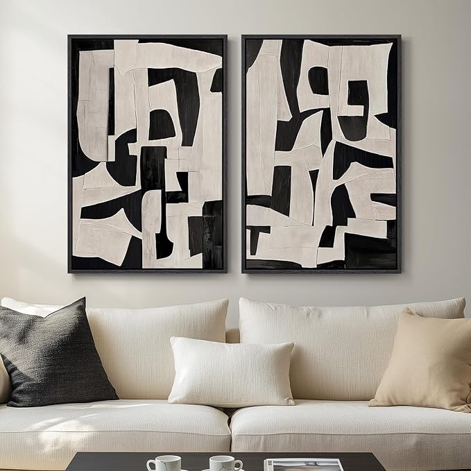 Large Framed Black and White Abstract Wall Art for Living Room, 2 Piece Modern Canvas Prints Paintings Artwork for Walls, Minimalist Black Beige Pictures for Hallway Dining Bedroom Wall Decor 24x36 In
