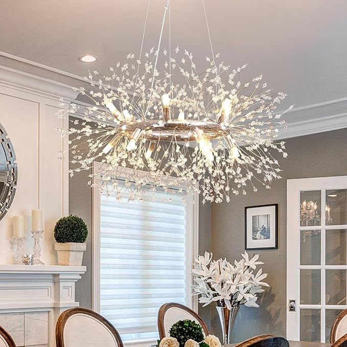 Modern Crystal Dandelion Chandelier, 12-Light (Bulb Included) Chrome Firework Dining Room Light Fixtures, Round Hanging Pendant Light for Hight Ceiling, Living Room, Entryway, Staircase, Foyer