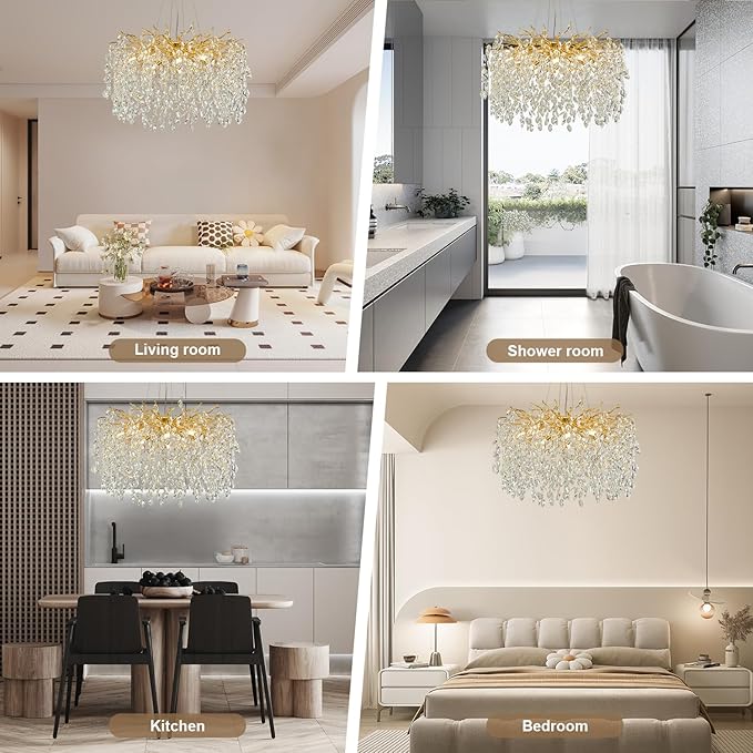 Modern Crystal Chandelier, 23.6" Luxury Gold Tree Branch Chandelier 6-Light Raindrop Chandeliers Modern Chandeliers for Dining Room Kitchen Bedroom Living Room High Ceiling, Branch & Height Adjustable