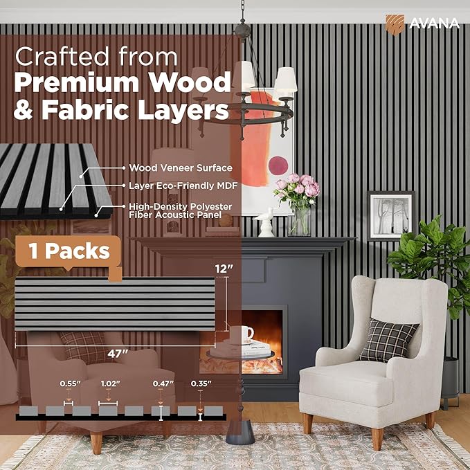 Avana Modern Acoustic Wood Wall Panels – 47.2 X 12.6 Inch Gray Oak Acoustic Panels 1 PC – Wall Panels for Interior Wall Decor For Homes, Offices, Studios – Sturdy And Durable Wood Panels for Wall