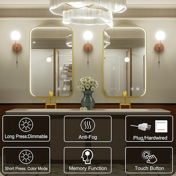 24x36 Inch Gold LED Bathroom Mirror with Lights, Adjustable 3000K/4500K/6000K, Wall Mounted Lighted Bathroom Vanity Mirror, Stepless Dimmable, Anti-Fog, Memory, Horizontal/Vertical