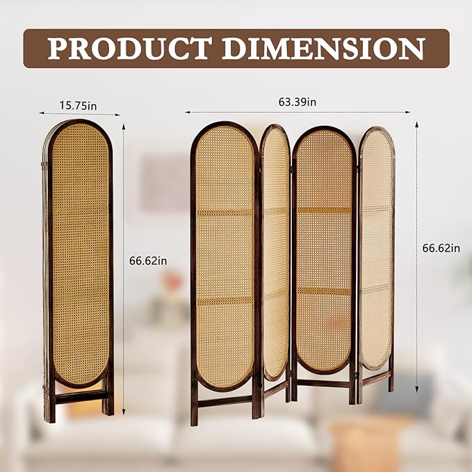 ALeesinwing 4 Panels Room Dividers, Hand-Woven Rattan Room Divider Panel and Folding Privacy Screens, Wood Room Divider Wall Freestanding Room Partitions Screen for Home Office Bedroom, Dark Brown