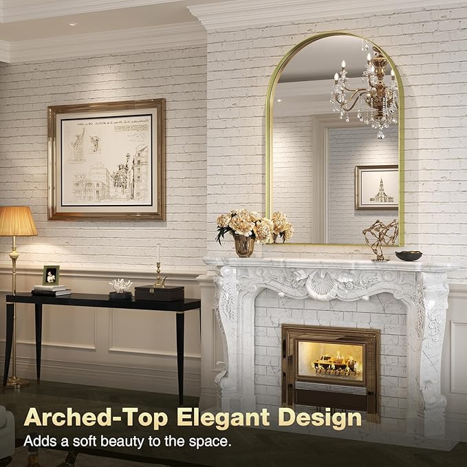 Brightify Arched Mirror, 24 x 36 Inch Gold Arch Mirror, Metal Frame Gold Arched Wall Mirror, Arched Top Bathroom Vanity Mirror for Living Room Bedroom Mantle Entryway Hallways