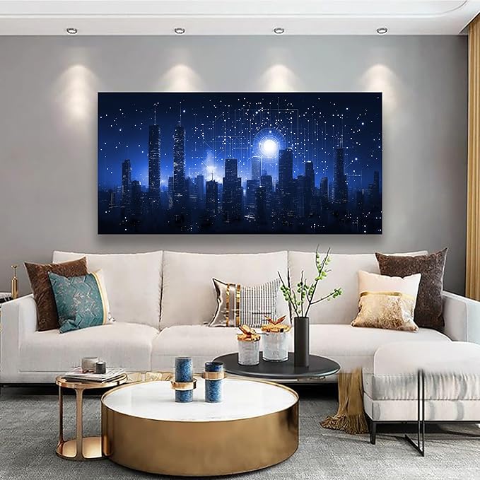 Night Stars City Wall Art Bedroom Wall Decor Living Room,Night Tall Buildings Canvas Wall Art Office Farmhouse Paintings Artwork Modern Blue Cityscape Wall Art Prints Pictures 20 * 40inch