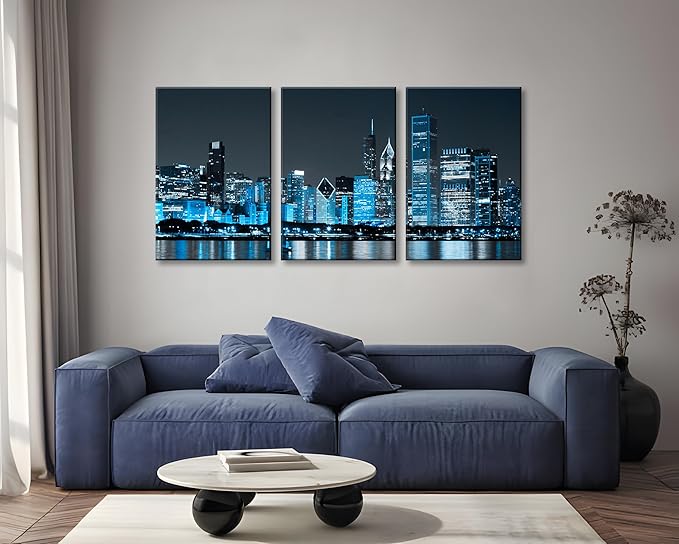 NAN Wind Modern Office Decor Chicago Skyline Canvas Art Chicago City Center Skyline Canvas Prints Cityscape Wall Decorations Blue Wall Decor for Living Room Pictures for Bedroom Decorations
