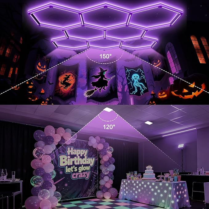 BRILLIHOOD 35 Pack LED Hexagon Blacklights, 245W, 8 Girds UV Black Light Fixture with US Plug for Neon Glow Party, Halloween, Body Paint and Art Displays in Large Space