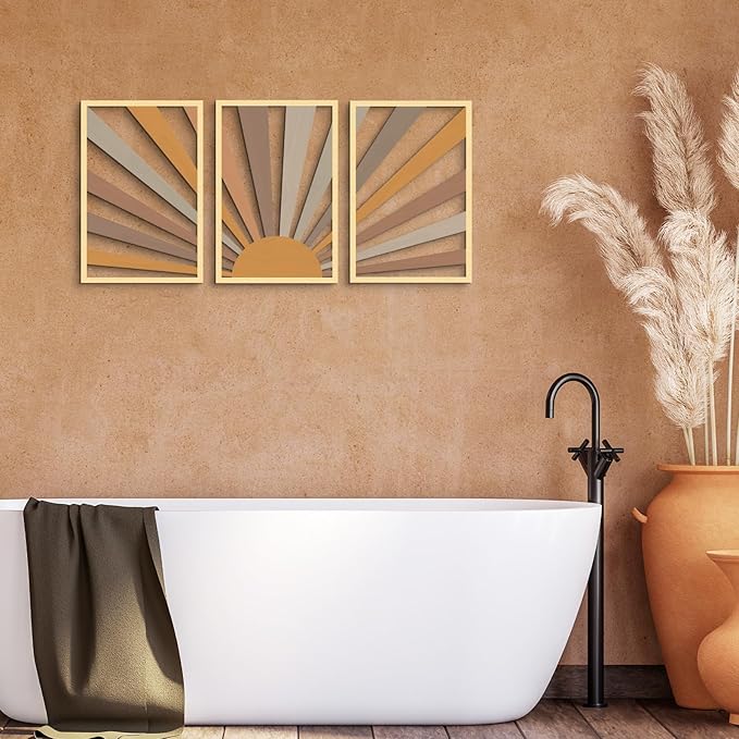 COLOR VALLEY ART Boho Wall Sculptures - Set of 3 Wood Wall Decor Pcs - Chic Sun Wall Artwork for Modern Home - 16.5"x33" Horizontal and Long Pictures for Wall Decor - Ideal for Living Room and Bedroom