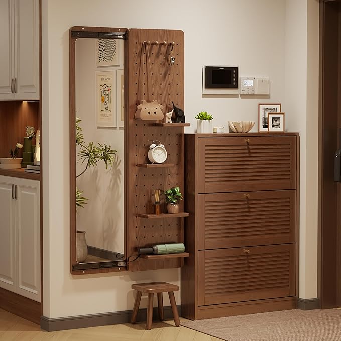 KungFuWood Full Length Mirror with Shelf and Hooks,Entry Way Mirrors for Wall,Wall Mirror with Shelf,Wall Mirror with Storage Multifunctional Design Panel,Living Room